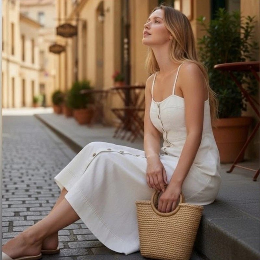 Universal Thread XXL White Denim Button Front Midi Dress Smocked Pockets NEW